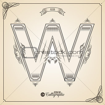 Calligraphic Fotn with Border, Frame Elements and Invitation Design Symbols. Collection of Vector glyph. Certificate Decor. Hand written retro feather Symbol. Letter W