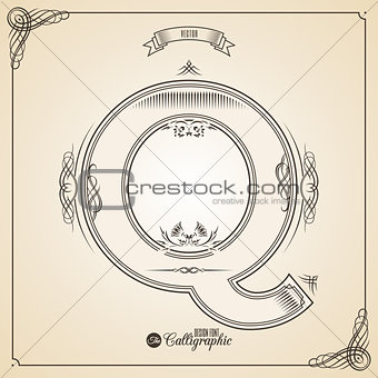 Calligraphic Fotn with Border, Frame Elements and Invitation Design Symbols. Collection of Vector glyph. Certificate Decor. Hand written retro feather Symbol. Letter Q