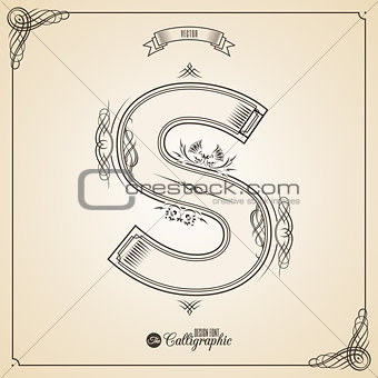 Calligraphic Fotn with Border, Frame Elements and Invitation Design Symbols. Collection of Vector glyph. Certificate Decor. Hand written retro feather Symbol. Letter S