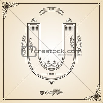 Calligraphic Fotn with Border, Frame Elements and Invitation Design Symbols. Collection of Vector glyph. Certificate Decor. Hand written retro feather Symbol. Letter U