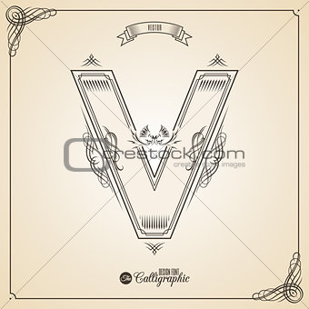 Calligraphic Fotn with Border, Frame Elements and Invitation Design Symbols. Collection of Vector glyph. Certificate Decor. Hand written retro feather Symbol. Letter V