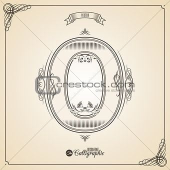Calligraphic Fotn with Border, Frame Elements and Invitation Design Symbols. Collection of Vector glyph. Certificate Decor. Hand written retro feather Symbol. Number 0
