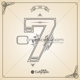 Calligraphic Fotn with Border, Frame Elements and Invitation Design Symbols. Collection of Vector glyph. Certificate Decor. Hand written retro feather Symbol. Number 7
