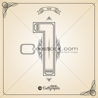 Calligraphic Fotn with Border, Frame Elements and Invitation Design Symbols. Collection of Vector glyph. Certificate Decor. Hand written retro feather Symbol. Number 1