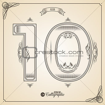 Calligraphic Fotn with Border, Frame Elements and Invitation Design Symbols. Collection of Vector glyph. Certificate Decor. Hand written retro feather Symbol. Number 10