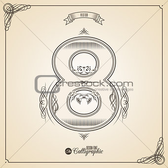 Calligraphic Fotn with Border, Frame Elements and Invitation Design Symbols. Collection of Vector glyph. Certificate Decor. Hand written retro feather Symbol. Number 8