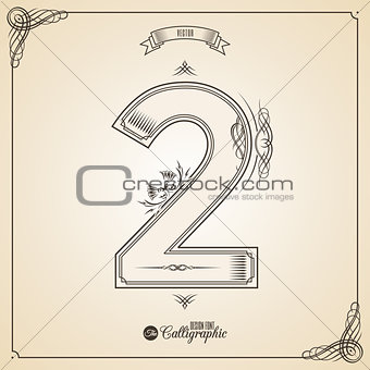 Calligraphic Fotn with Border, Frame Elements and Invitation Design Symbols. Collection of Vector glyph. Certificate Decor. Hand written retro feather Symbol. Number 2