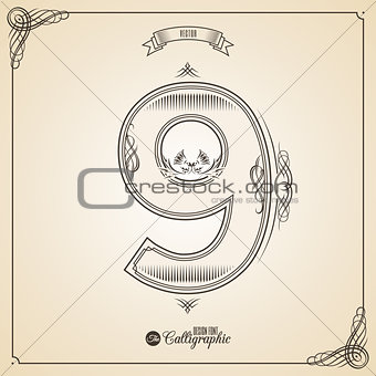 Calligraphic Fotn with Border, Frame Elements and Invitation Design Symbols. Collection of Vector glyph. Certificate Decor. Hand written retro feather Symbol. Number 9