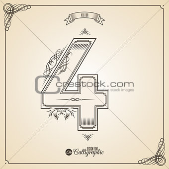 Calligraphic Fotn with Border, Frame Elements and Invitation Design Symbols. Collection of Vector glyph. Certificate Decor. Hand written retro feather Symbol. Number 4