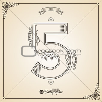 Calligraphic Fotn with Border, Frame Elements and Invitation Design Symbols. Collection of Vector glyph. Certificate Decor. Hand written retro feather Symbol. Number 5