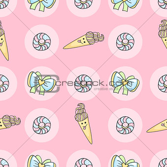 Funny candy cartoon doodle pattern with ice cream, donut.
