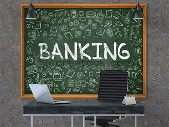 Banking Concept. Doodle Icons on Chalkboard. 3D Illustration.