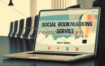Social Bookmarking Service on Laptop in Conference Room. 3D Illustration.