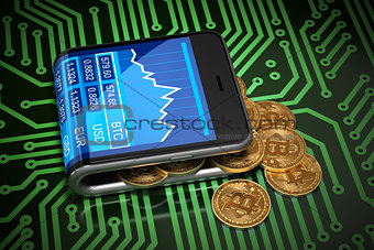 Concept Of Virtual Wallet And Bitcoins On Green Printed Circuit Board