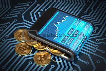 Concept Of Digital Wallet And Gold Bitcoins On Printed Circuit Board
