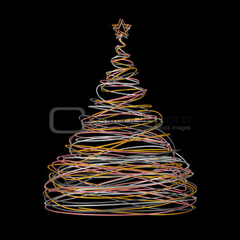Christmas Tree Made Of Gold, White, Grey And Pink Wire On Black Background