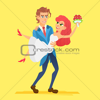 Groom carries his bride vector illustration