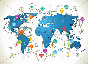 Social Network. Various shapes sparkling Pictograms. Flat design concept with World Map