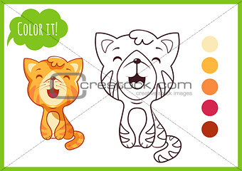 Cute little cat. Cartoon vector kitty character isolated on a white background with black outline for coloring book for preschool.