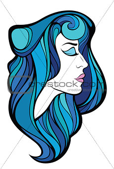 Vector decorative portrait of beauty woman with blue long hair i