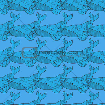 Seamless sea pattern with hand drawn whales