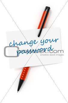 business card a ball pen and the text change your password