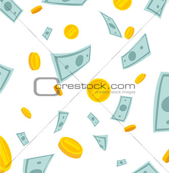 Finance concept. Money rain. Banknotes and coins falling from the sky 10 EPS vector illustration