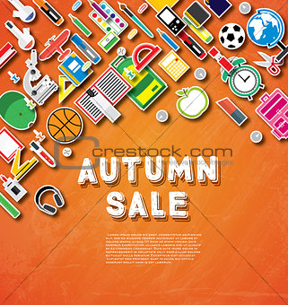 Autumn sale banner with school supplies on orange chalk board ba