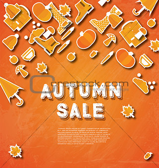 Autumn sale banner with pumpkin, leaves and clouds.
