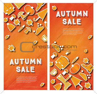 Autumn sale banner set with pumpkin, leaves and clouds.