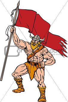 Viking Warrior Brandishing Red Flag Retro