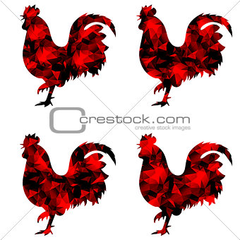 Rooster, triangular geometric polygonal roosters, isolated illustration of cock on white background
