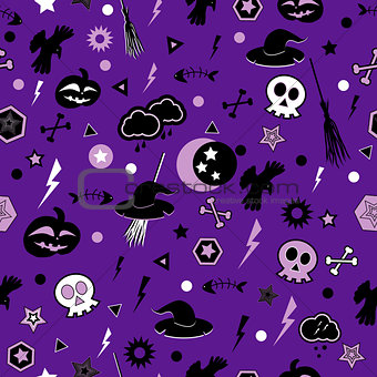 Halloween symbols on violet background.