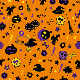 Halloween symbols on orange background.