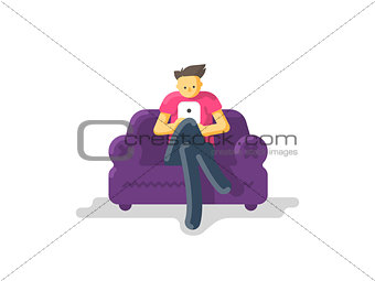 Man sitting on a couch with tablet or phone.
