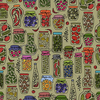 Seamless pattern with pickle jars fruits and vegetables
