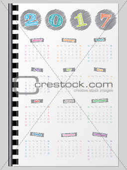 Colorful calendar with scribbled color elements for year 2017