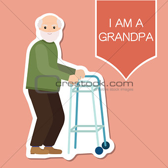 Grandpa standing full length with paddle walker smiling