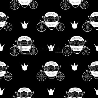 Princess Cinderella Fairytale Carriage. Seamless Pattern Backgro