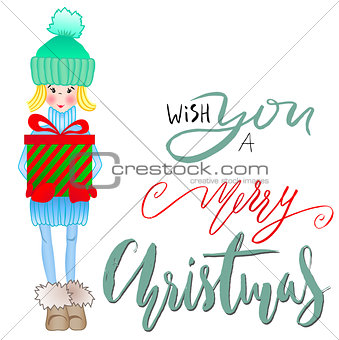 Girl holding a gift box with handwritten inspiration. Wish you a merry Christmas and happy new year lettering