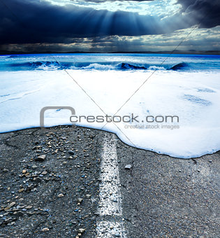 Road and sea.Sea storm concept