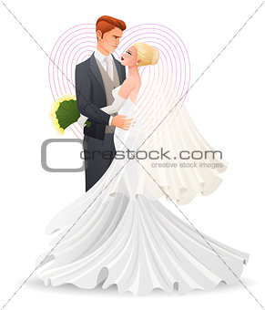Happy beautiful hugging couple in love. Traditional wedding cartoon vector illustration.
