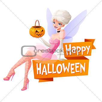 Beautiful woman sitting with pumpkin basket in fairy Halloween costume. Cartoon style vector illustration with text isolated on white background.