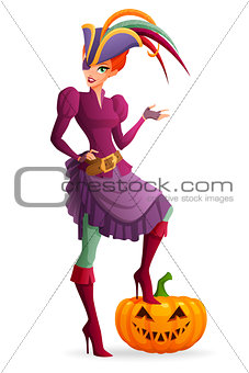 Redhead woman in purple pirate Halloween costume with pumpkin. Cartoon style vector illustration isolated on white background.