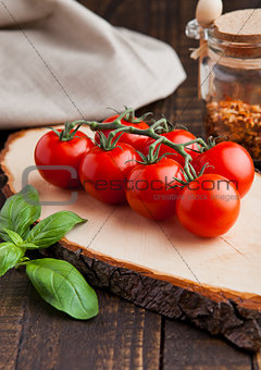 Fresh tomatoes with basil and spices jar on grunge board
