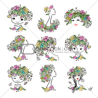 Female portrait with floral hairstyle, collection for your design