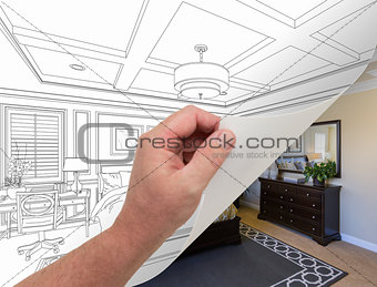 Hand Turning Page of Custom Bedroom Drawing to Photograph Undern
