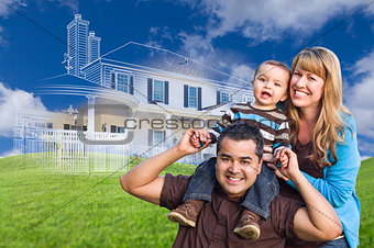 Mixed Race Family with Ghosted House Drawing Behind