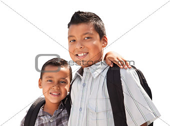 Young Hispanic Student Brothers Wearing Their Backpacks on White