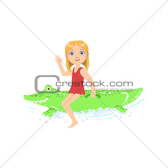 Girl Riding Inflatable Crocodile Toy In The Water